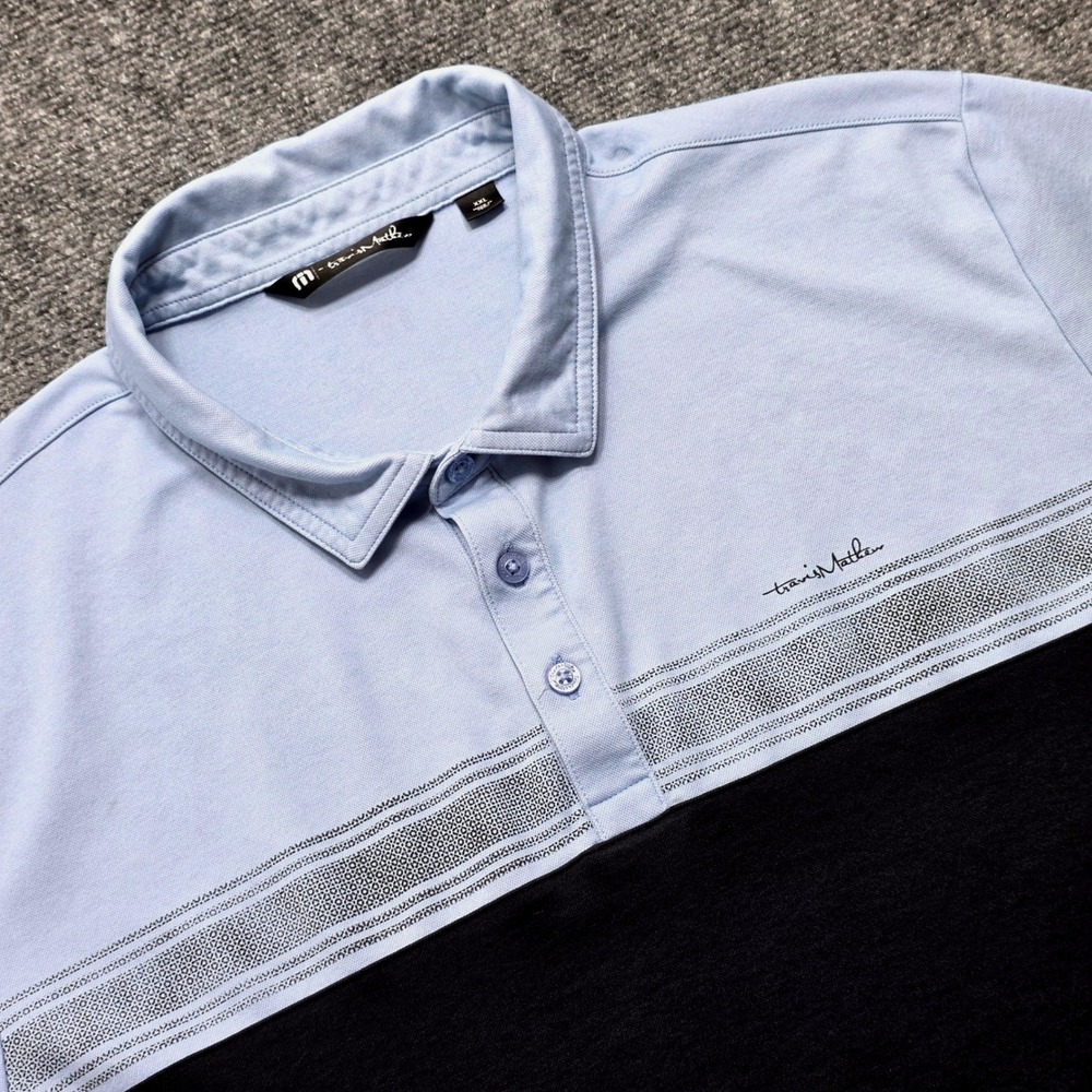 Travis Mathew Men's XXL Blue Black Colorblock Geometric Stripe Golf Polo Shirt